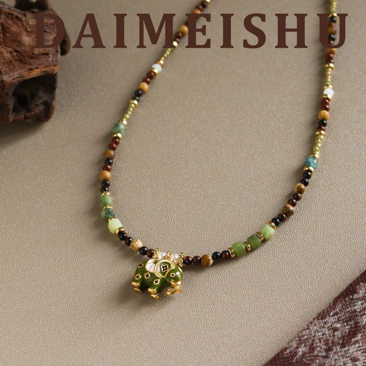 Vintage Enamel Lucky Elephant Gemstone Jewelry | Natural Beaded Necklace, Bracelet & Pearl Earrings