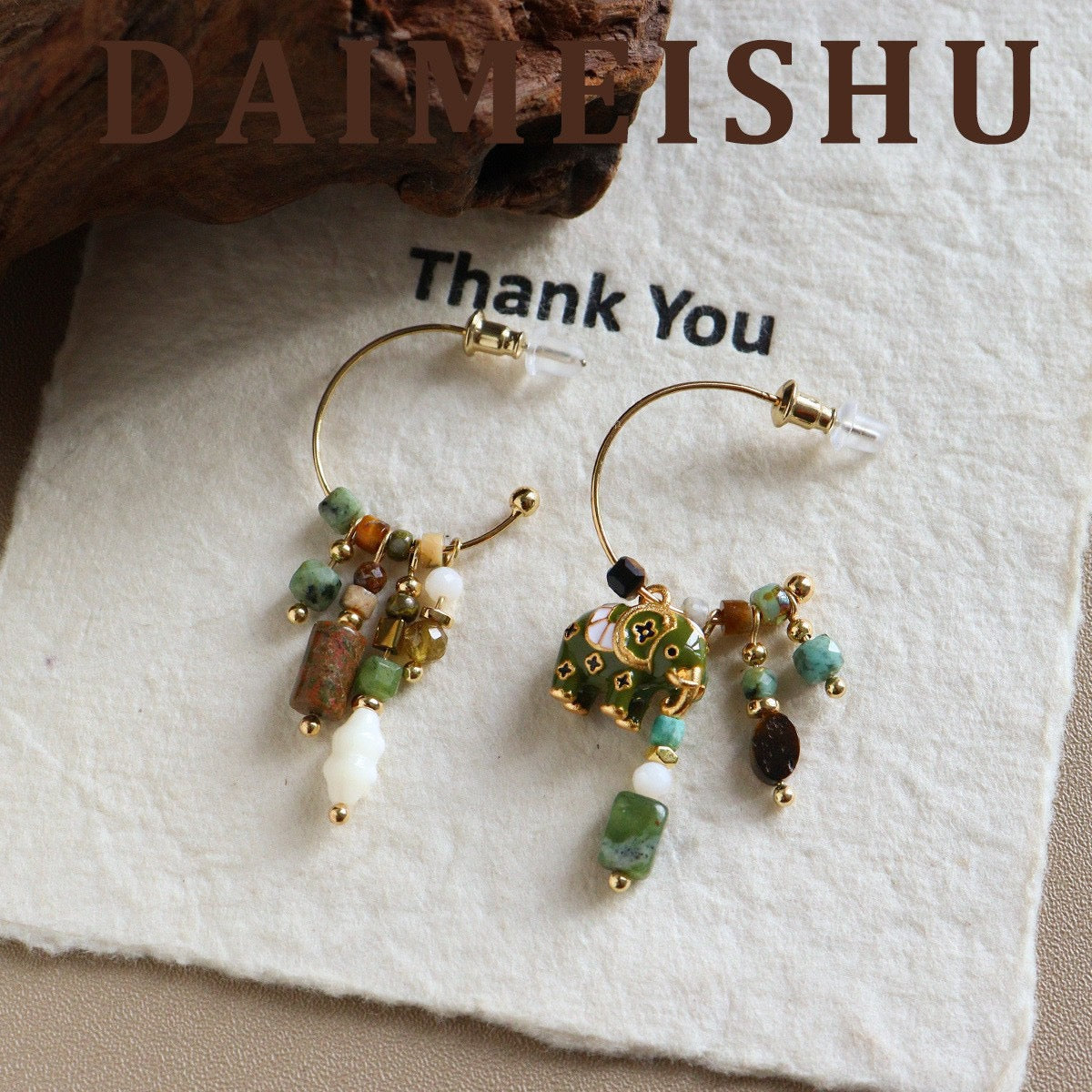 Vintage Enamel Lucky Elephant Gemstone Jewelry | Natural Beaded Necklace, Bracelet & Pearl Earrings