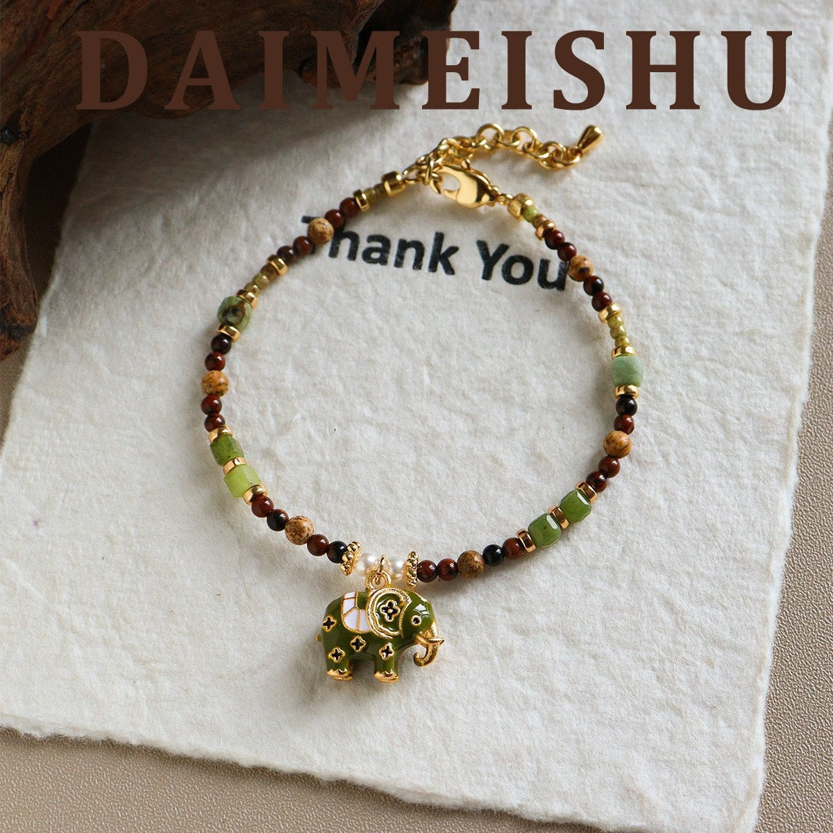 Vintage Enamel Lucky Elephant Gemstone Jewelry | Natural Beaded Necklace, Bracelet & Pearl Earrings
