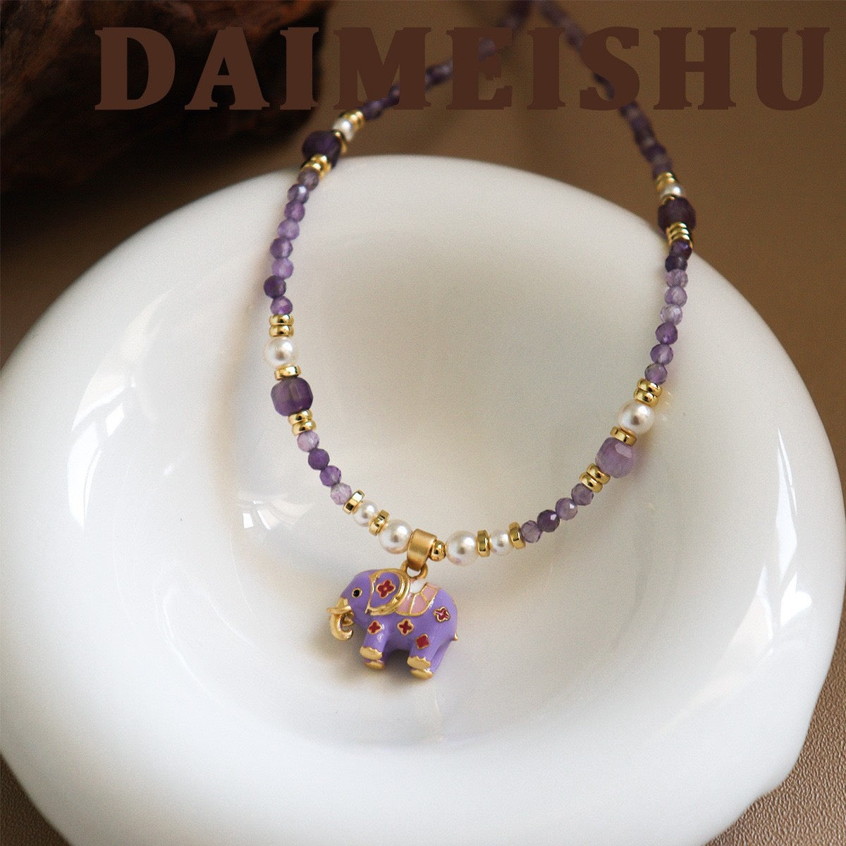 Vintage Enamel Lucky Elephant Gemstone Jewelry | Natural Beaded Necklace, Bracelet & Pearl Earrings