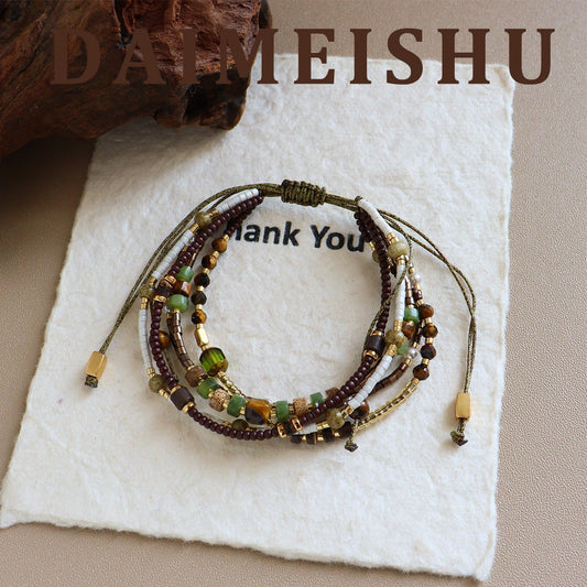 Bohemian Multi-Strand Beaded Cord Bracelet in Forest Green and Ivory