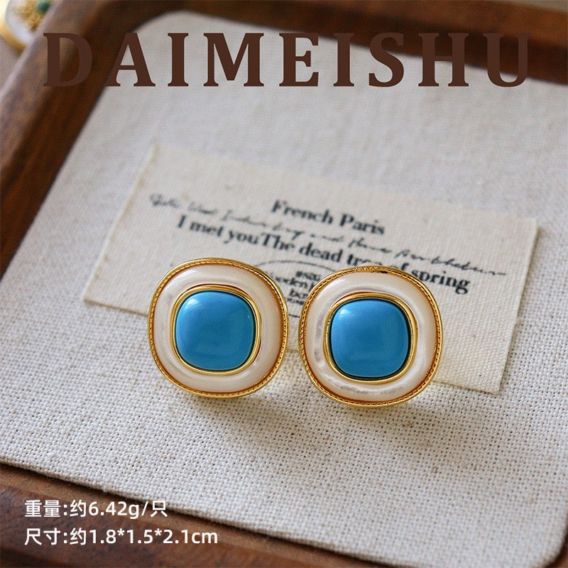 Cushion Mother of Pearl and Turquoise Stud Earrings S925 Silver Post