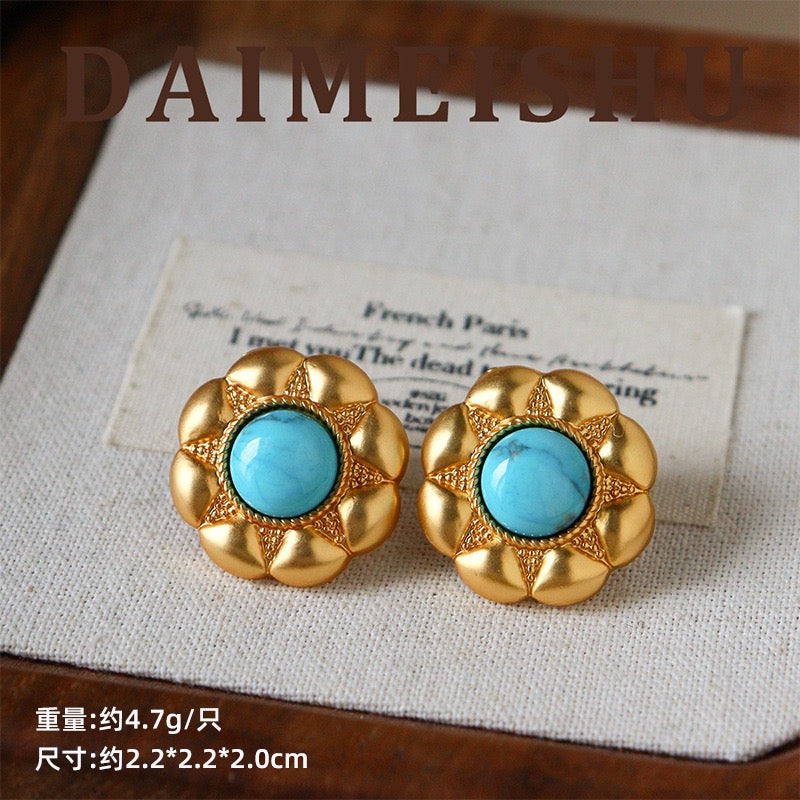 Sunburst Rosette Turquoise Stud Earrings S925 Silver Post