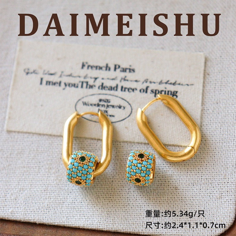 Chunky U-Hoop Earrings with Pavé Turquoise Barrel Charm