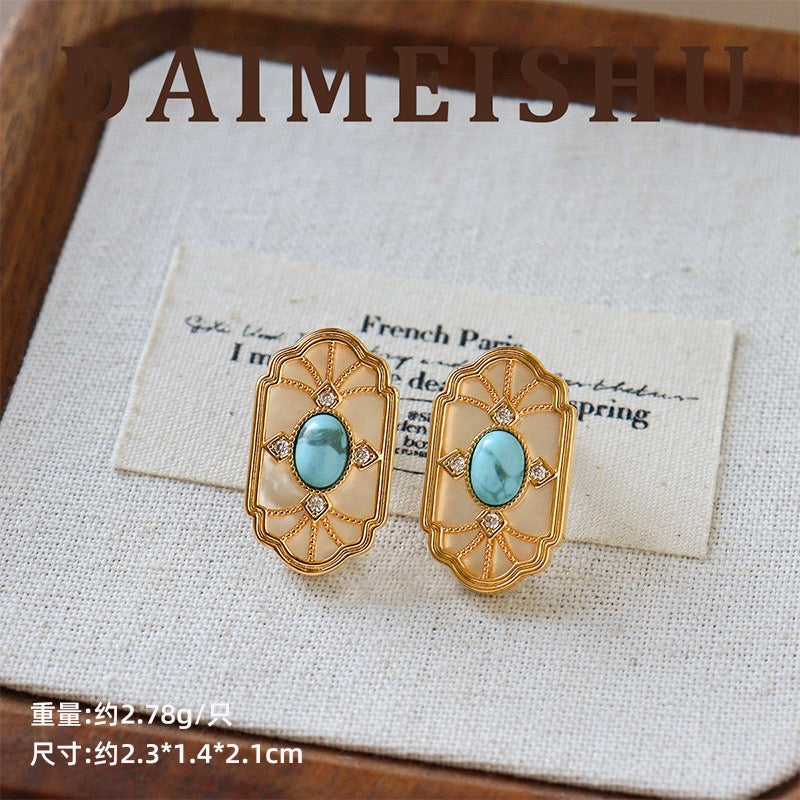 Scalloped Baroque Turquoise and Mother of Pearl Stud Earrings