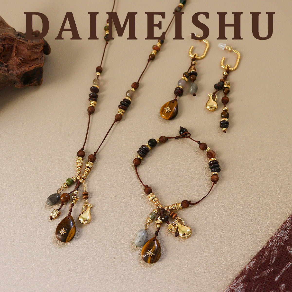 Bohemian Natural Gemstone Jewelry Set in Golden Tiger Eye