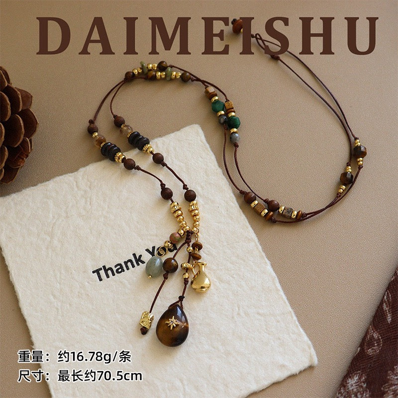 Bohemian Natural Gemstone Charm Jewelry | Handcrafted Beaded Necklace, Cord Bracelet & Drop Earrings