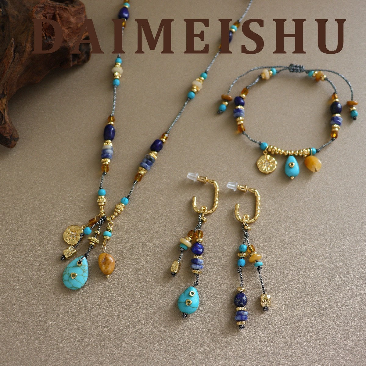 Bohemian Natural Gemstone Jewelry Set in Ocean Lapis and Turquoise