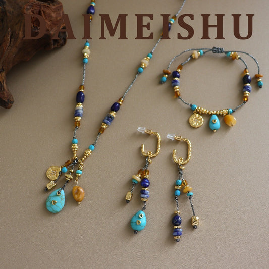 Bohemian Natural Gemstone Jewelry Set in Ocean Lapis and Turquoise