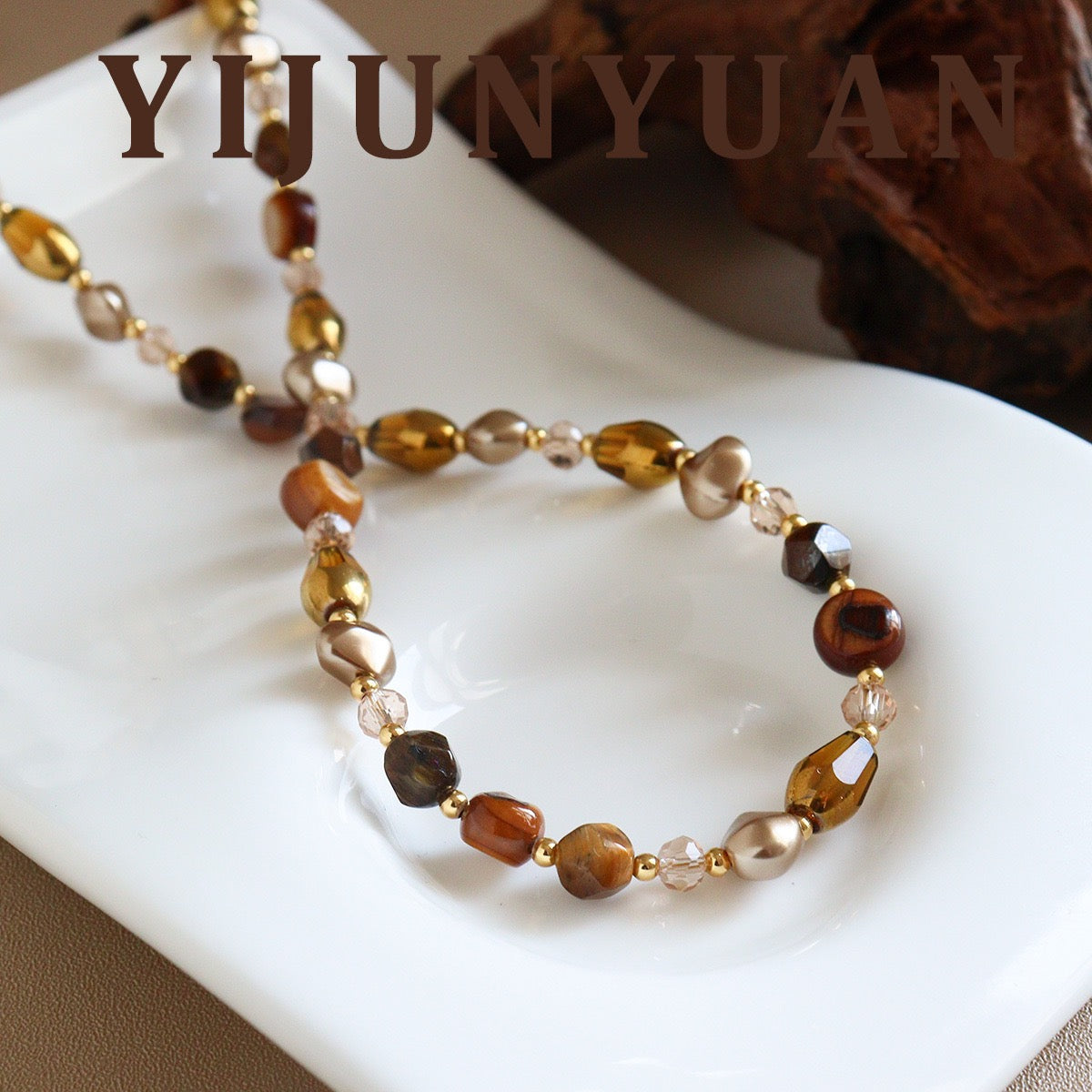 Natural Tiger Eye and Amber Crystal Beaded Choker Detail