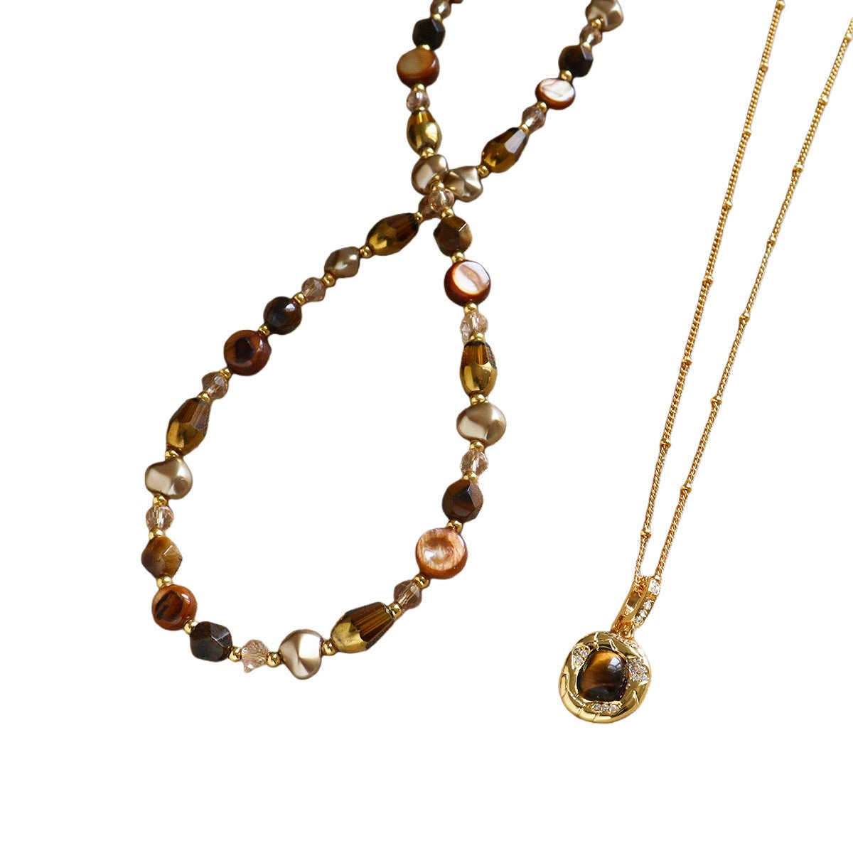 French Vintage Tiger Eye Layered Necklace Set Studio Cutout