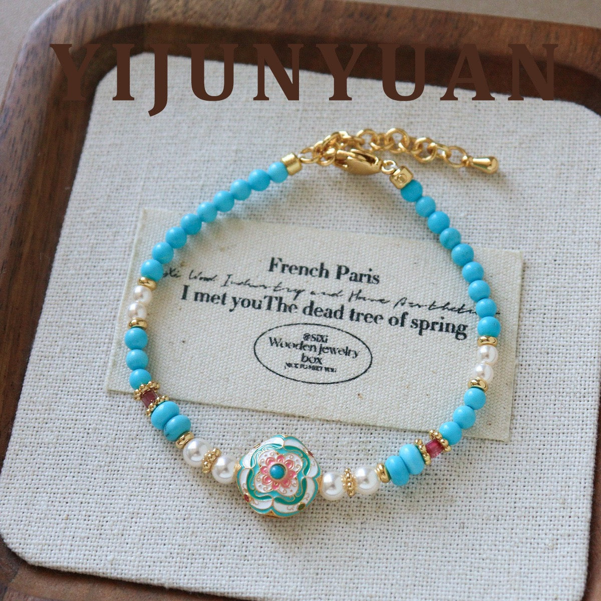 Cloisonné Floral Turquoise and Swarovski Pearl Bracelet Detail in Box