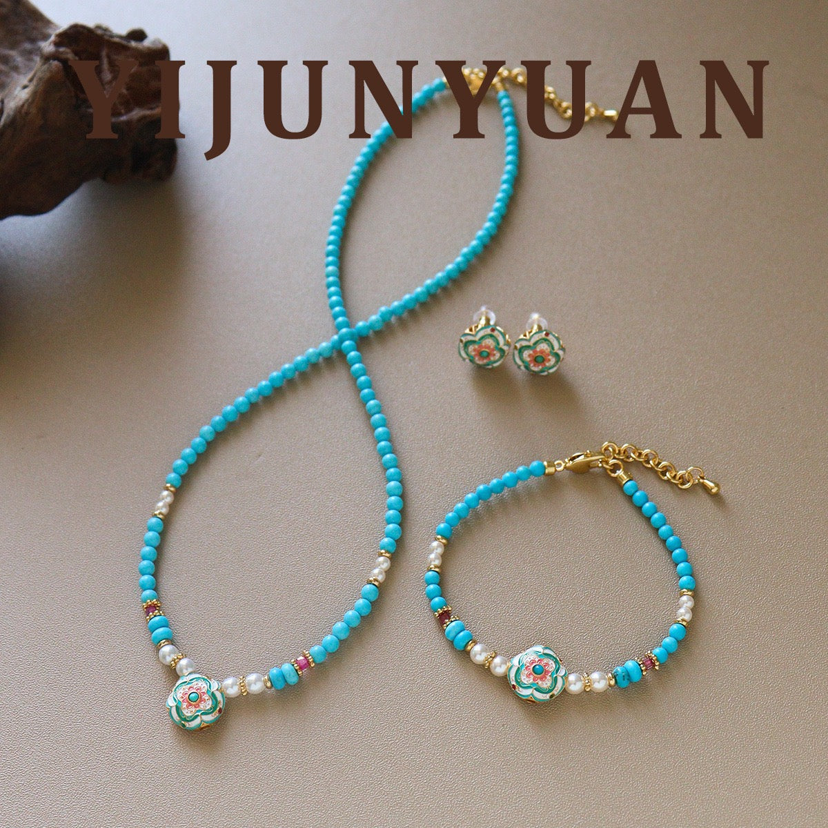 Cloisonné Floral Turquoise and Swarovski Pearl Necklace, Bracelet and Earrings Set