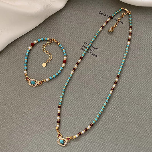 Vintage Halo Turquoise and Swarovski Pearl Jewelry Set with Red Agate