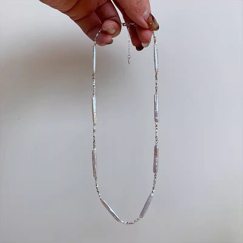 Baroque Stick Pearl and Crushed Silver Necklace Full View in Hand