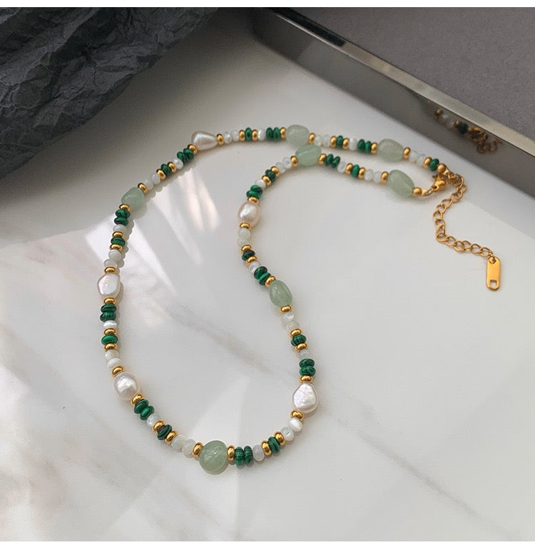 Natural Malachite and Freshwater Pearl Beaded Bracelet on Pouch