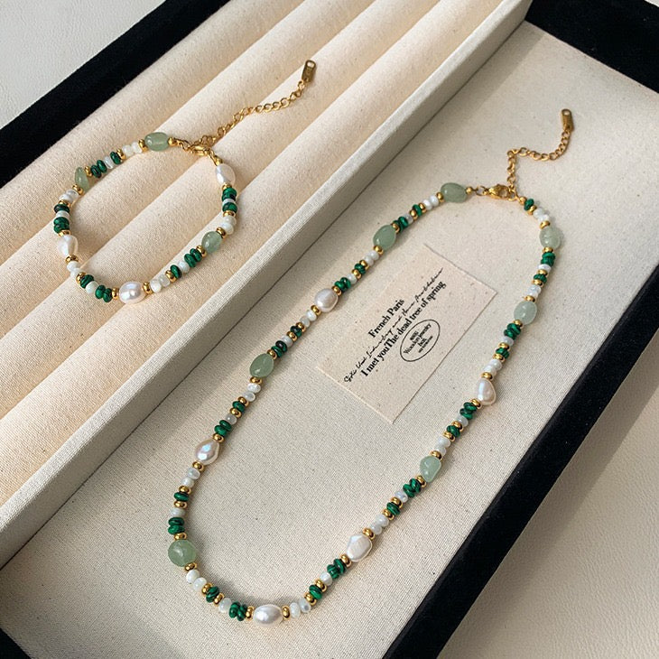 Natural Malachite and Freshwater Pearl Necklace and Bracelet Set in Box