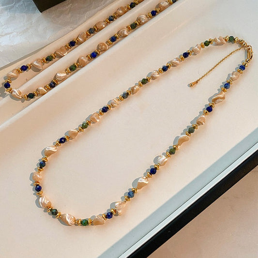 Bohemian Irregular Natural Shell and Color-Block Gemstone Necklace Display View