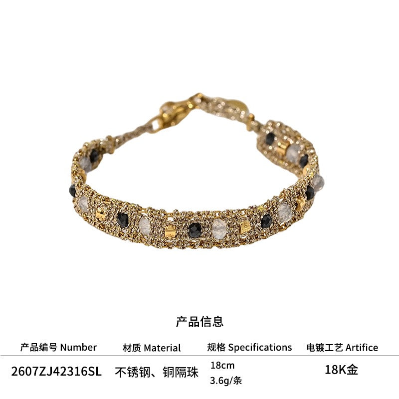 French Riviera 18K Gold Black and Clear Crystal Woven Mesh Bracelet