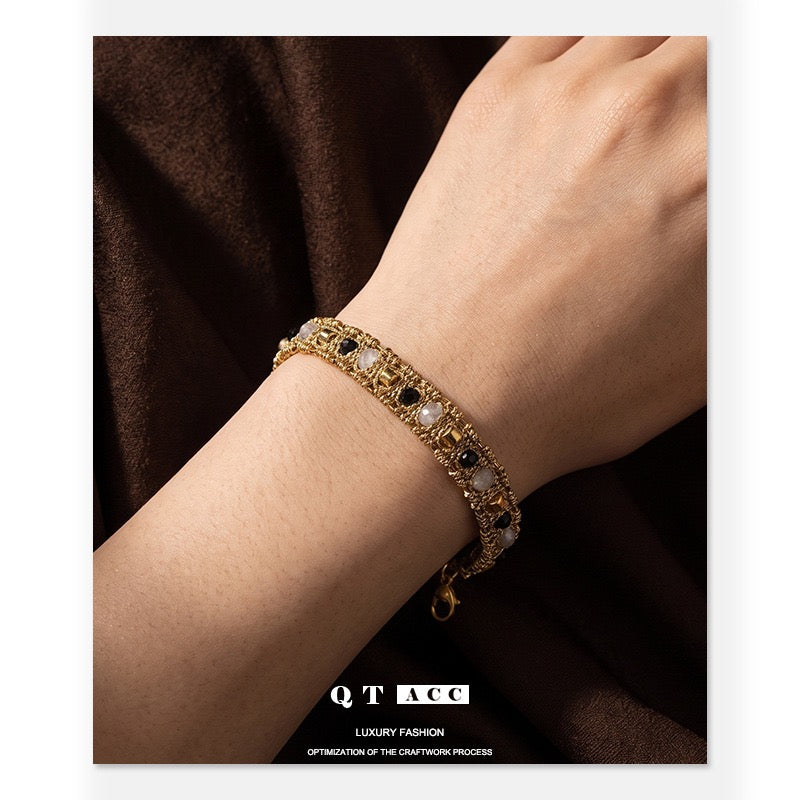 Model wearing French Riviera Woven Beaded Mesh Bracelet on Wrist