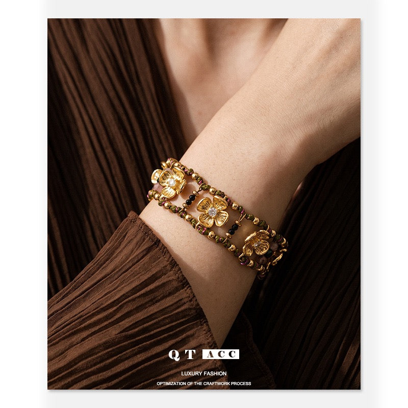 French Riviera Shuttle-Woven Gemstone Beaded Bracelet | 18K Gold Plated Stainless Steel Old Money Cuff