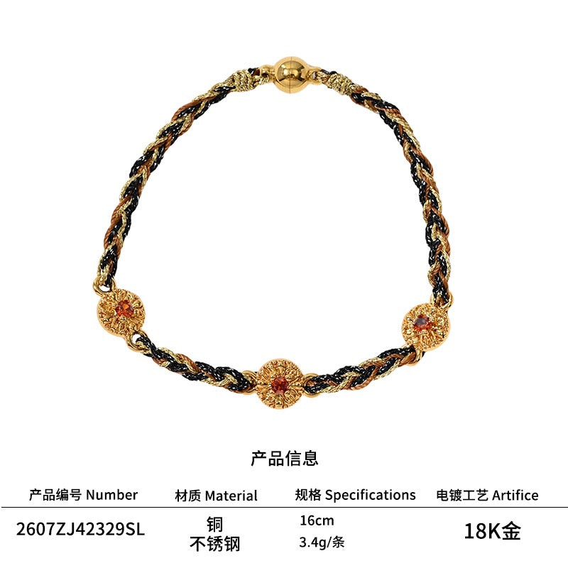 French Riviera Shuttle-Woven Gemstone Beaded Bracelet | 18K Gold Plated Stainless Steel Old Money Cuff