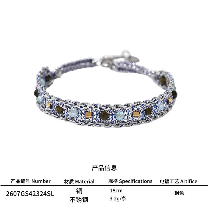 French Riviera Steel Tone Silver Woven Mesh Crystal Bracelet