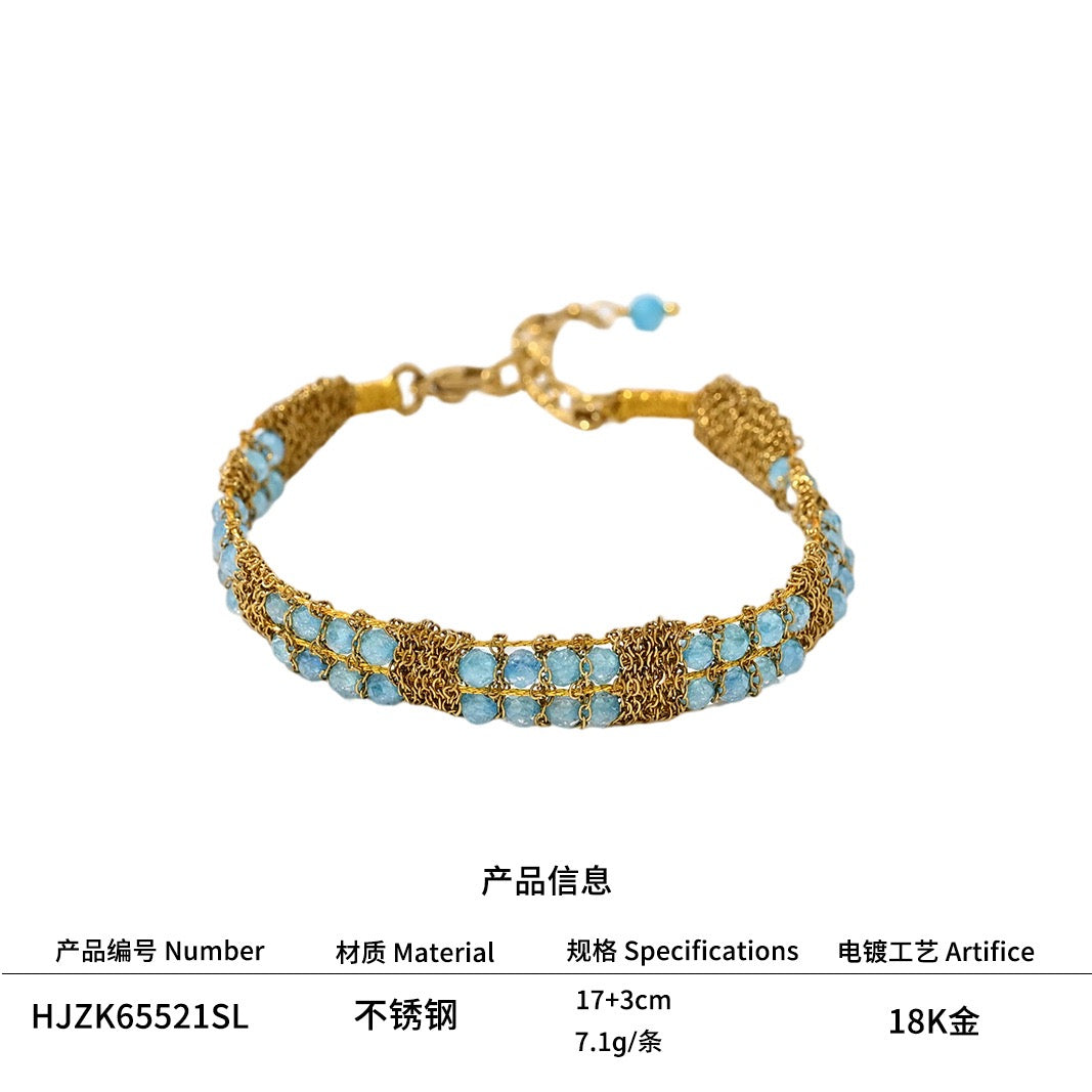 French Riviera Shuttle-Woven Gemstone Beaded Bracelet | 18K Gold Plated Stainless Steel Old Money Cuff