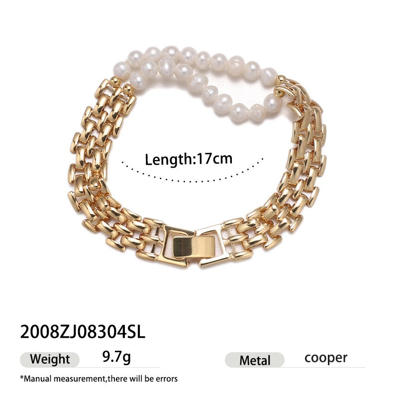 Vintage 18K Gold Plated Natural Freshwater Pearl Bracelet | Spring/Summer Quiet Luxury Chain & Pearl Stack