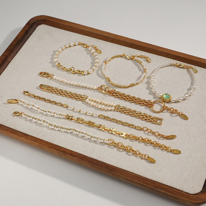 French Vintage 18K Gold Plated Freshwater Pearl Bracelet Collection Tray View 2