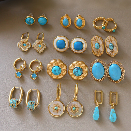 Vintage French Turquoise & Gold Earring Collection Flatlay