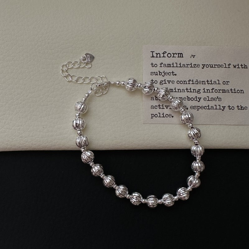 S925 Sterling Silver Diamond-Cut Bead Bracelet Lay Flat with Clasp and Extender