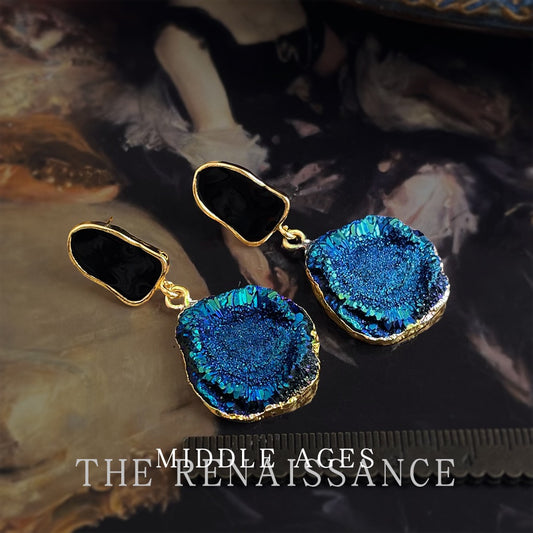 Vintage Blue Tears raw druzy drop earrings on white background