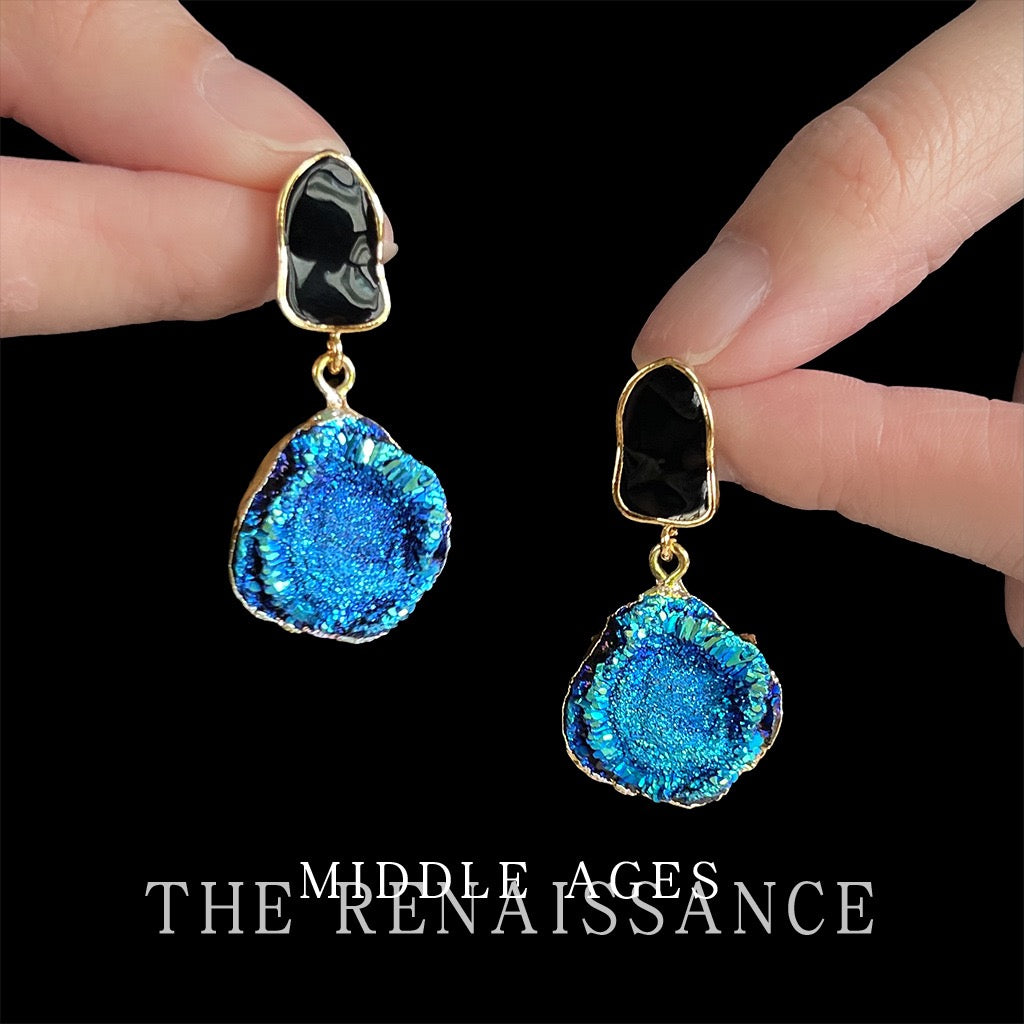 Blue Tears vintage gemstone dangle earrings with measurement scale