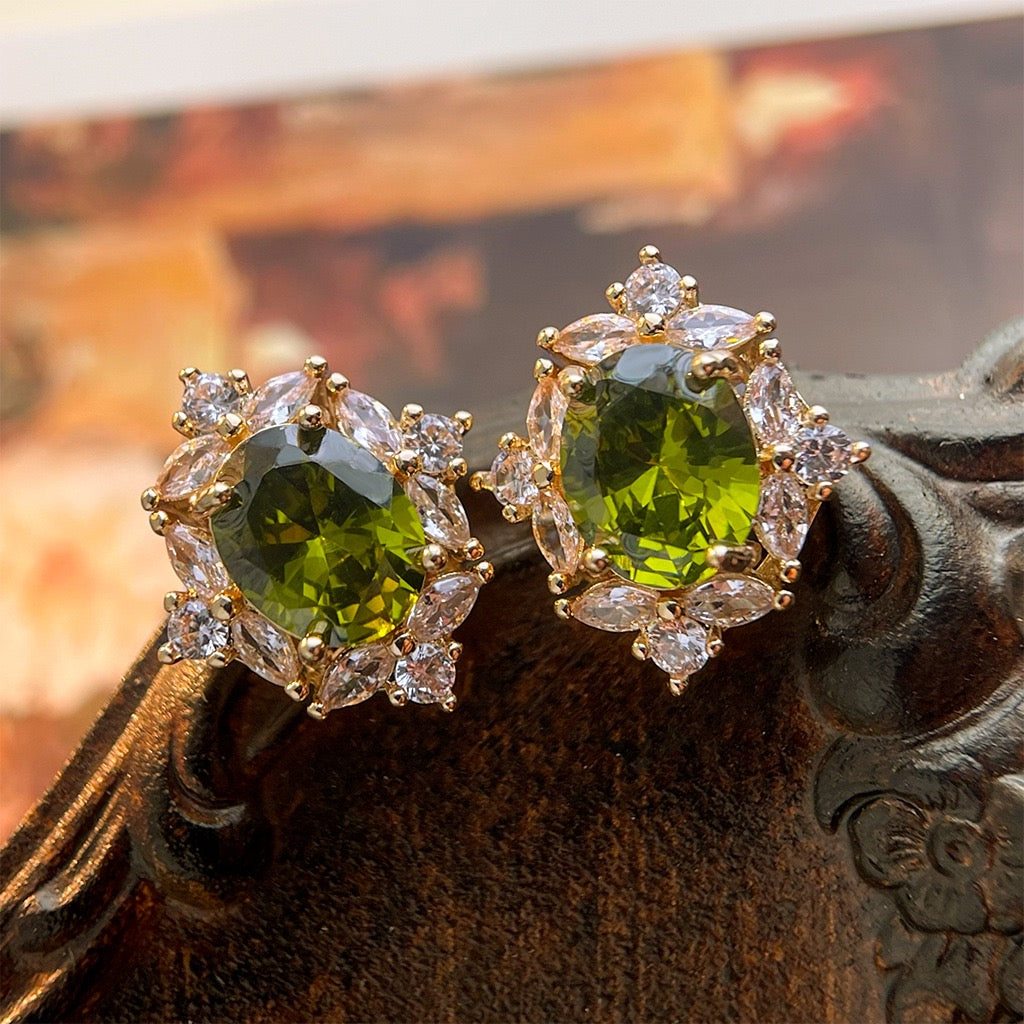 Peridot green oval crystal cluster halo stud earrings