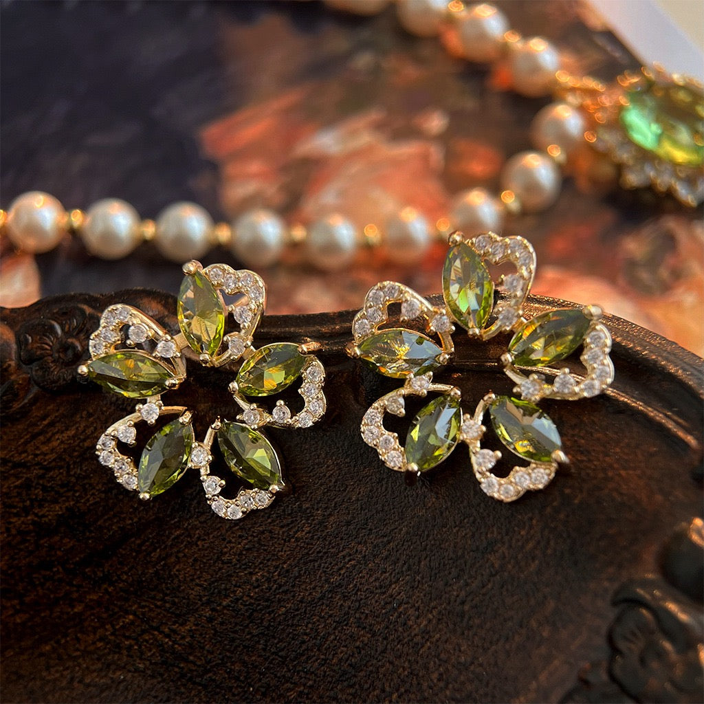 Vintage French Baroque Green Zircon Earring Collection | Palace Retro Emerald & Peridot Crystal Studs & Dangles