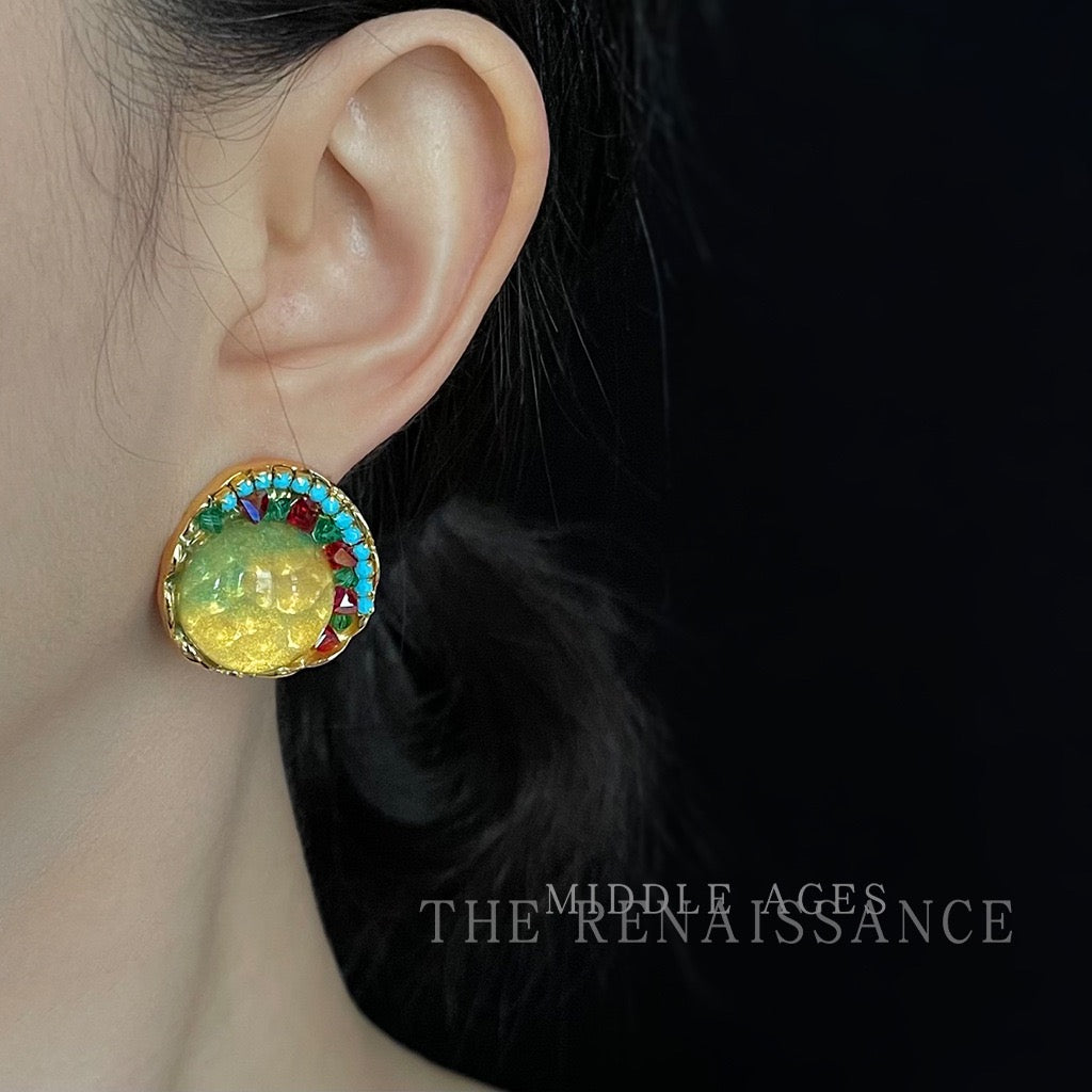 Model wearing Sunlit Garden vintage French palace art glass stud earring