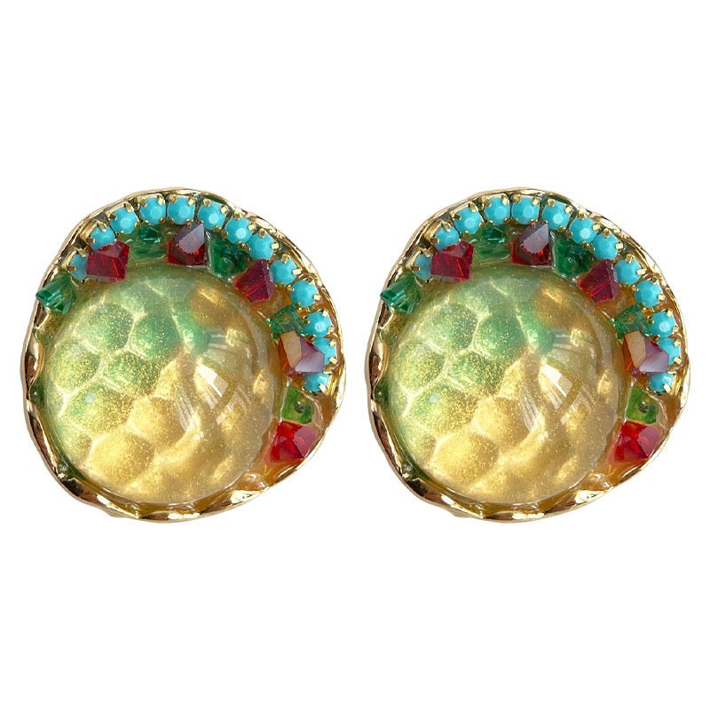 Sunlit Garden vintage colorful art glass and turquoise stud earrings on white background