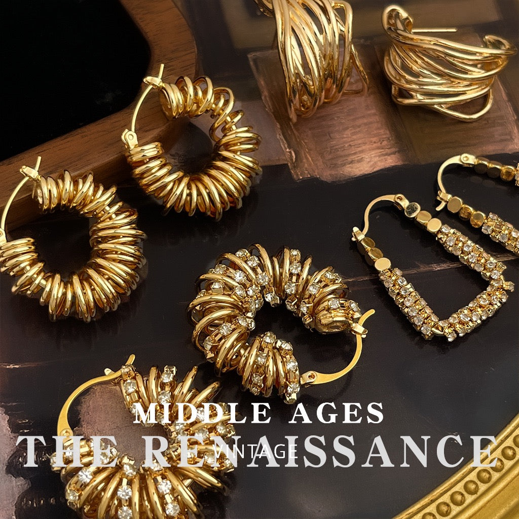 Vintage geometric gold and pavé crystal hoop earrings 4-piece set display