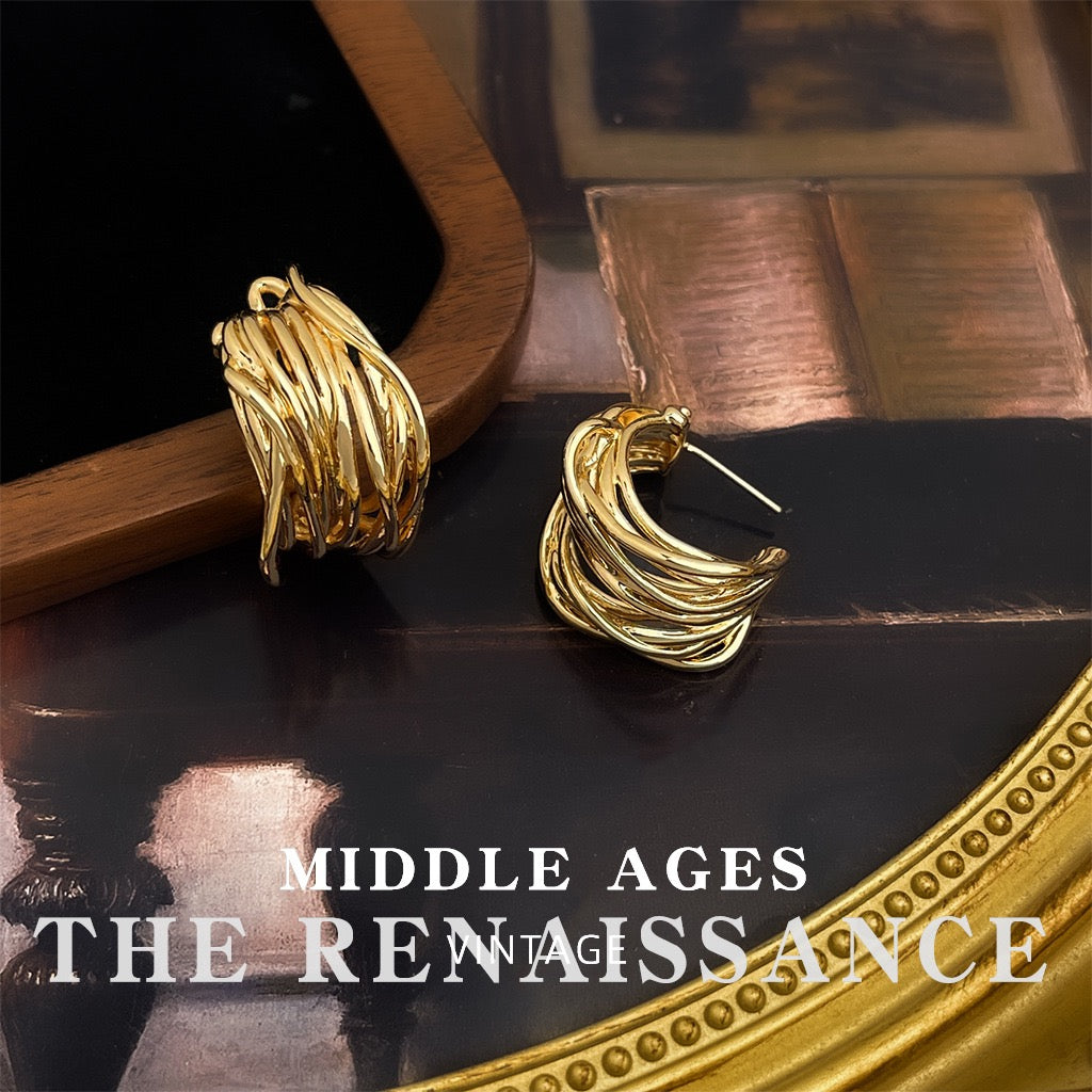 Multi-layer interwoven wire wrapped gold C-hoop earrings