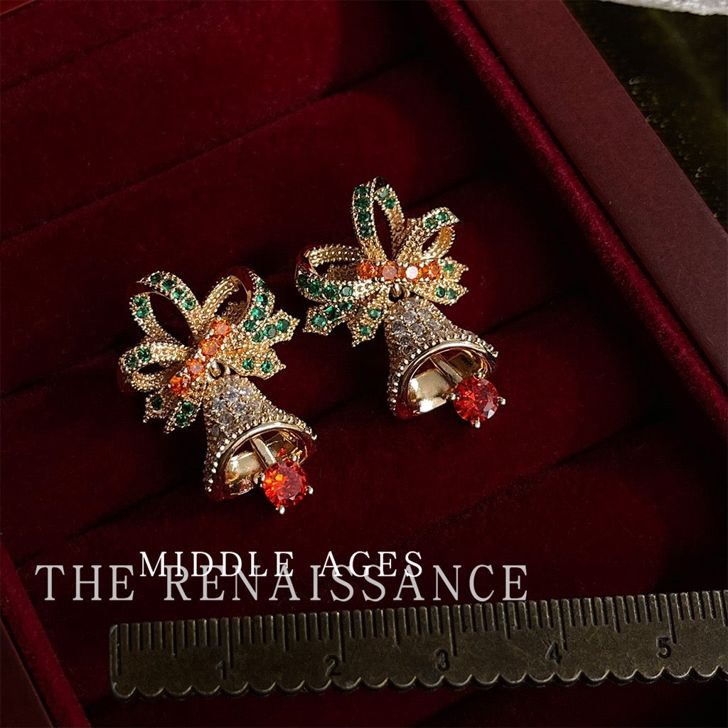 Christmas Edition Vintage Bowknot & Jingle Bell Drop Earrings | Festive Holiday Zircon Statement Jewelry