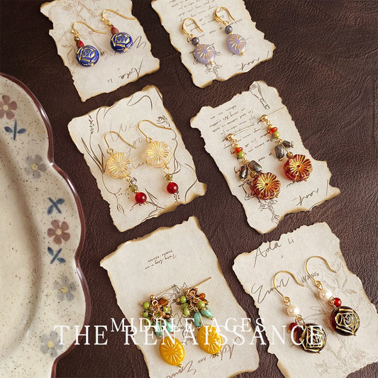 Vintage Czech glass flower and gemstone tassel earrings on parchment cards