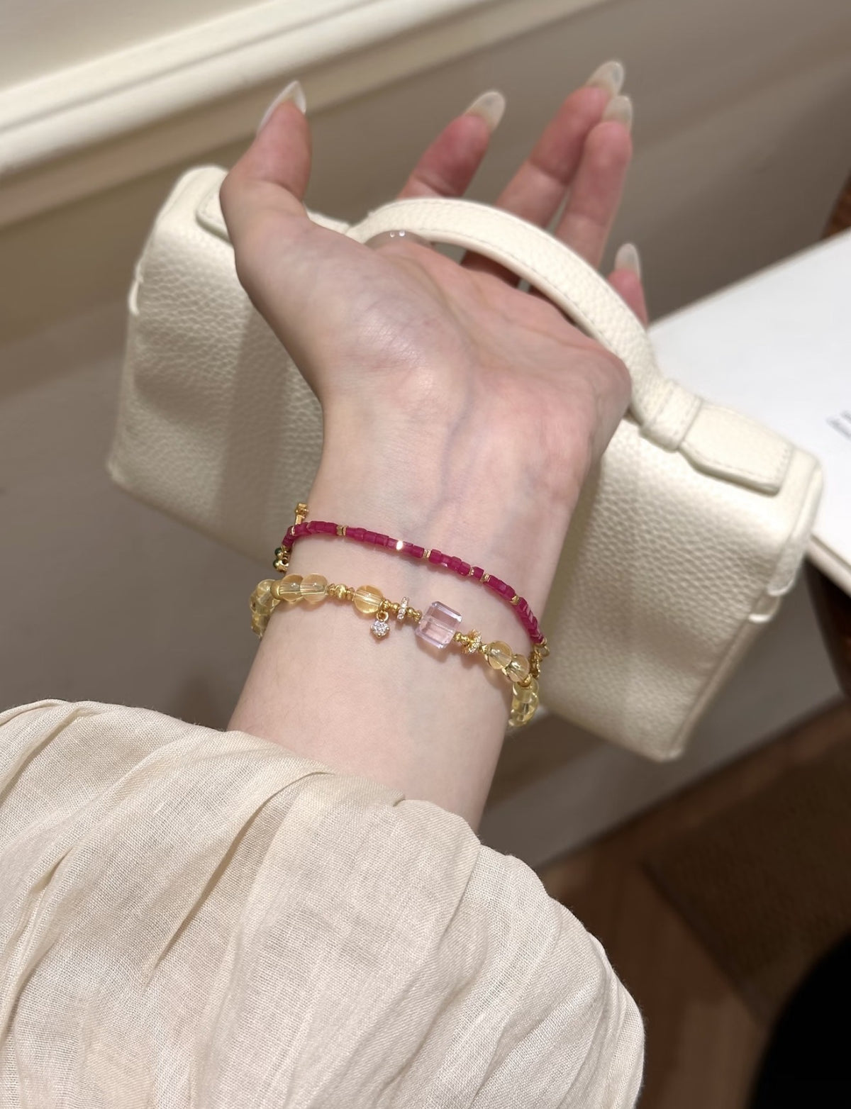Natural Citrine Round Bead Bracelet with Emerald-Cut Crystal Center | Holiday & New Year Abundance Gift | 14K Gold Plated Zircon Charm
