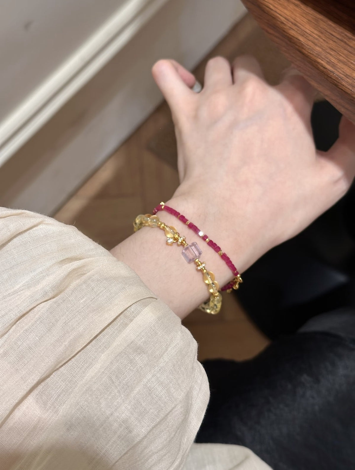 Natural Citrine Round Bead Bracelet with Emerald-Cut Crystal Center | Holiday & New Year Abundance Gift | 14K Gold Plated Zircon Charm