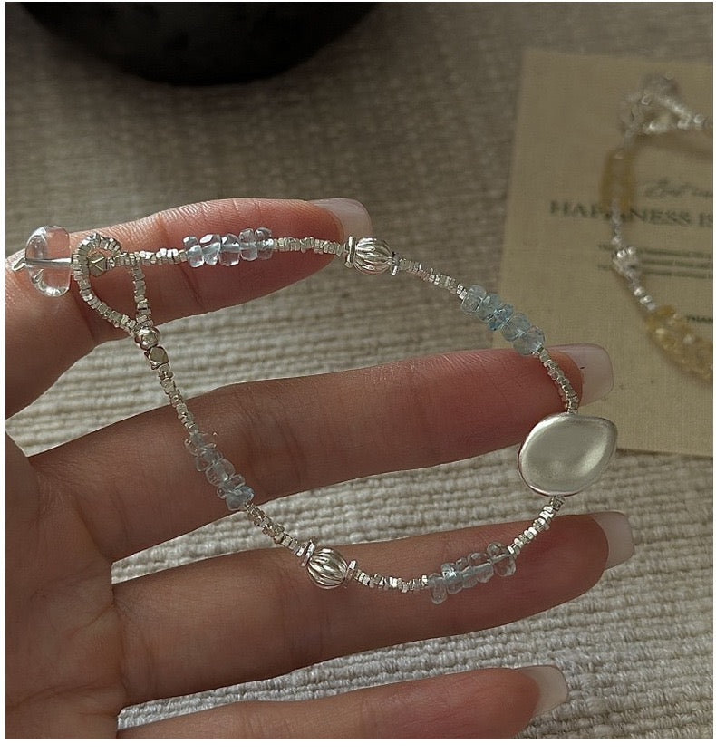 Vintage S925 Sterling Silver Dainty Beaded Bracelet | Natural Aquamarine & Citrine