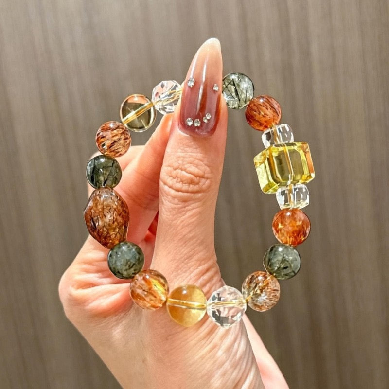 Four-in-One Wealth Crystal Bracelet 💰✨ | Citrine, Gold Rutile & Red Resin Cube