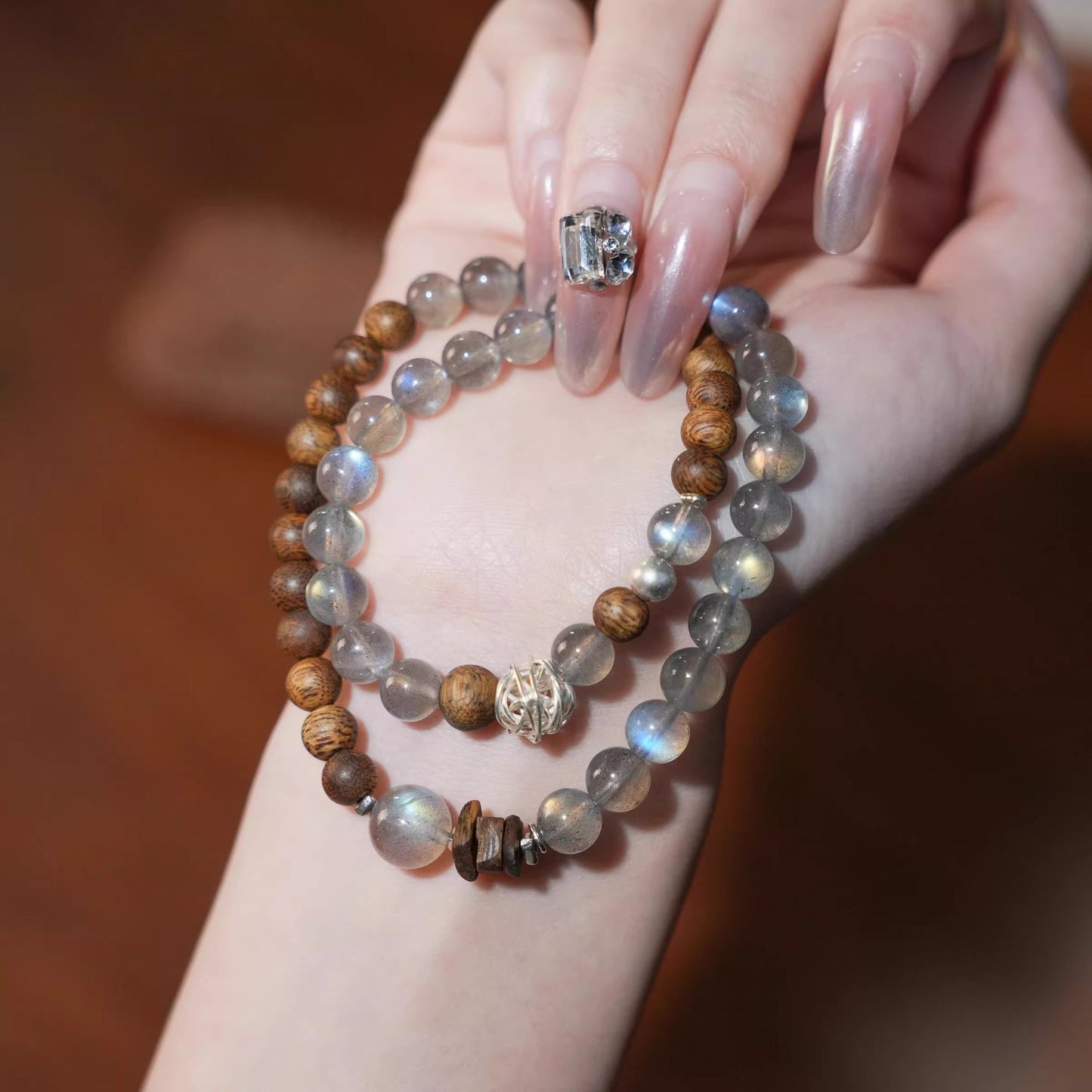 Gray Moonstone & Agarwood Bracelet Set 🌙✨