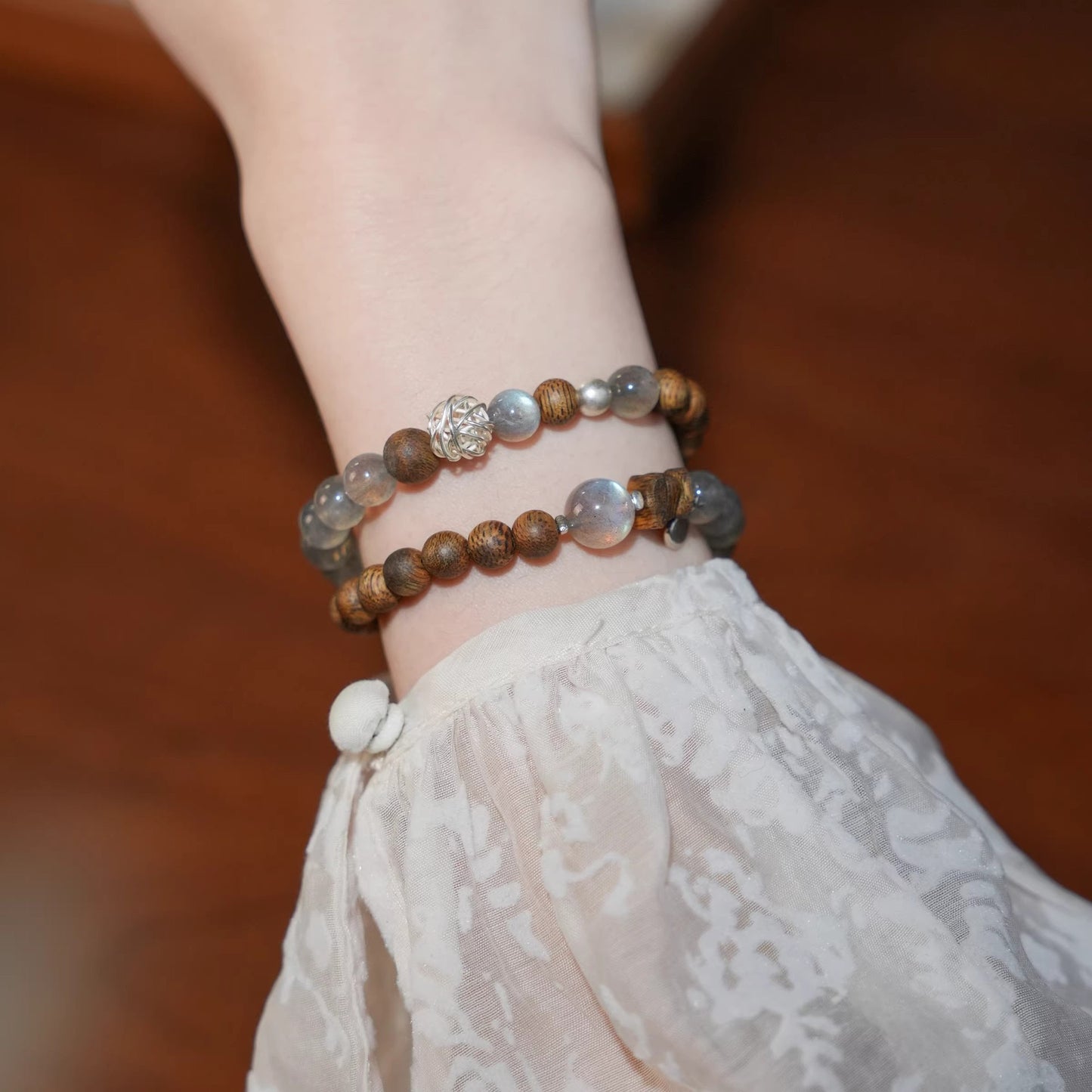 Gray Moonstone & Agarwood Bracelet Set 🌙✨